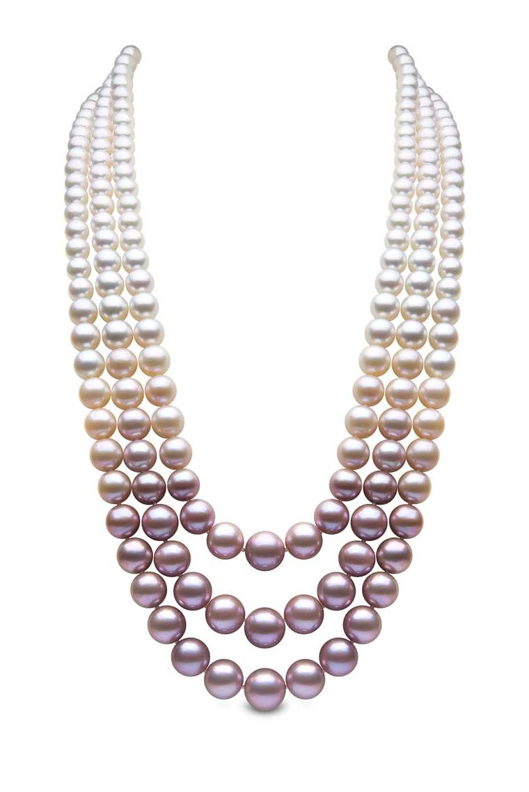 YOKO London three-strand pearl necklace with South Sea, Akoya and natural colour pink freshwater pearls.